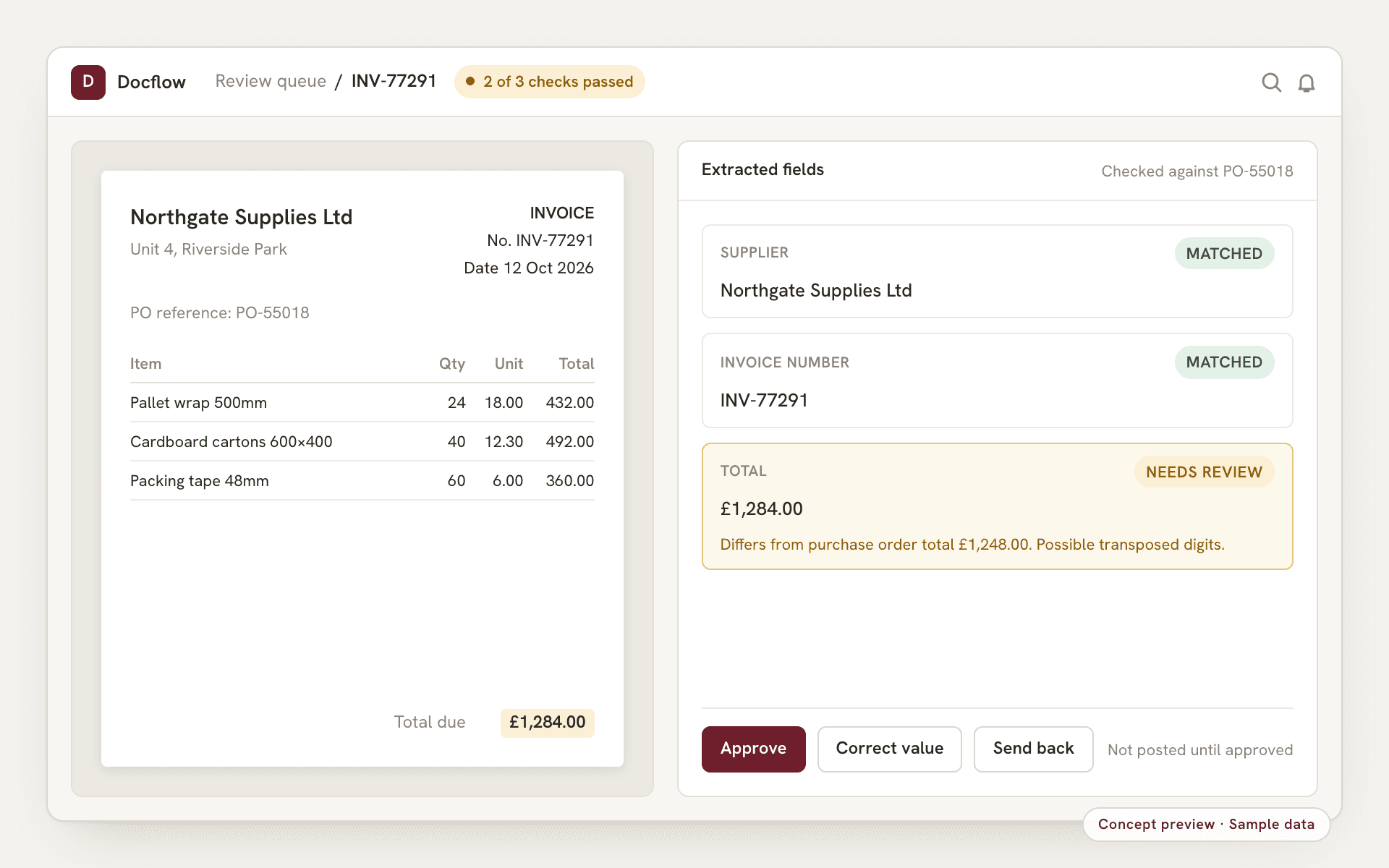 Concept preview, sample data: a document review screen with a supplier invoice beside its extracted fields, one value flagged for review, and approve and correct controls