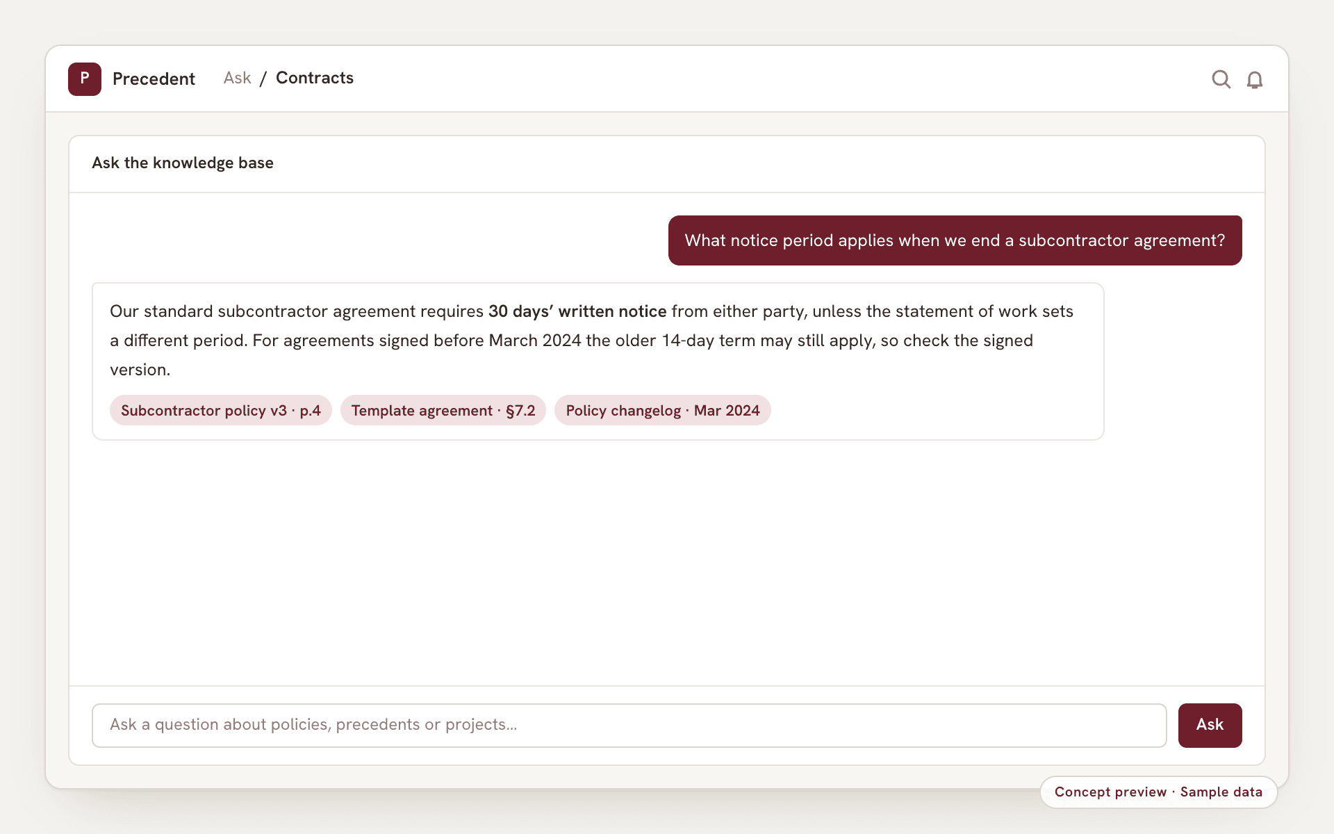 Concept preview, sample data: an assistant answering a question from internal documents with citations to the exact source passages