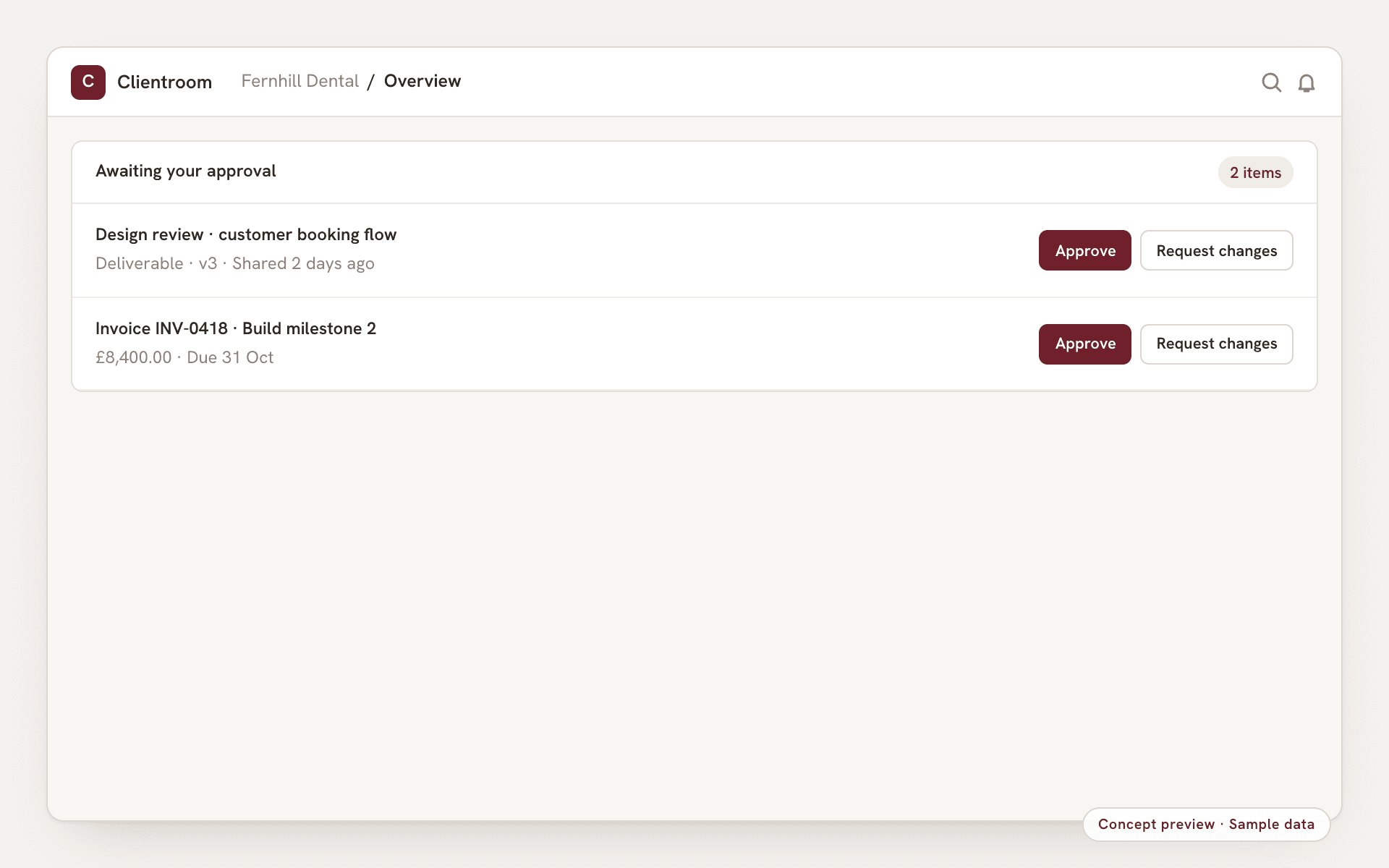 Concept preview, sample data: a client portal showing project stages, items awaiting approval and shared documents with versions