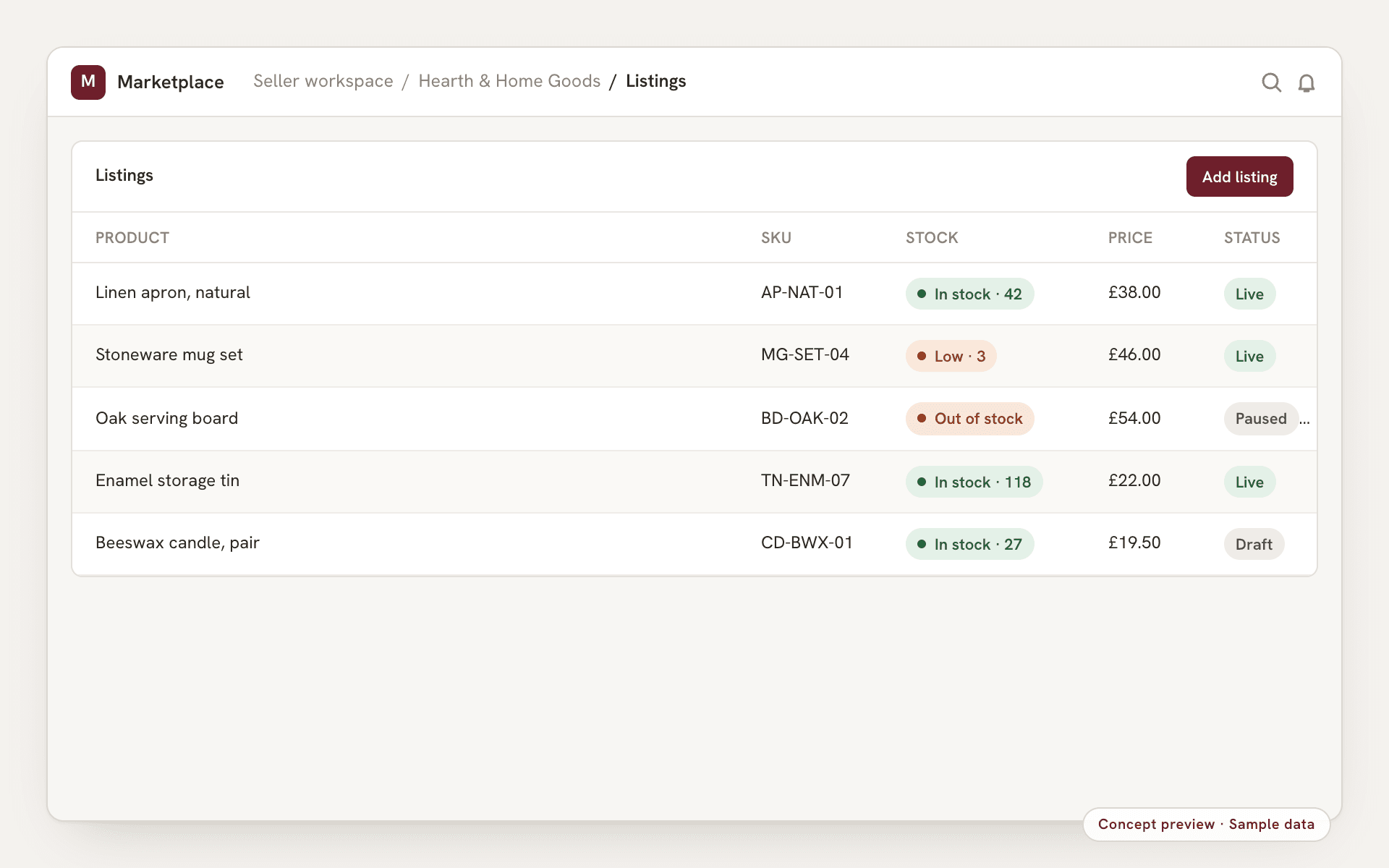 Concept preview, sample data: a marketplace seller workspace with product listings, stock levels, listing status and recent orders