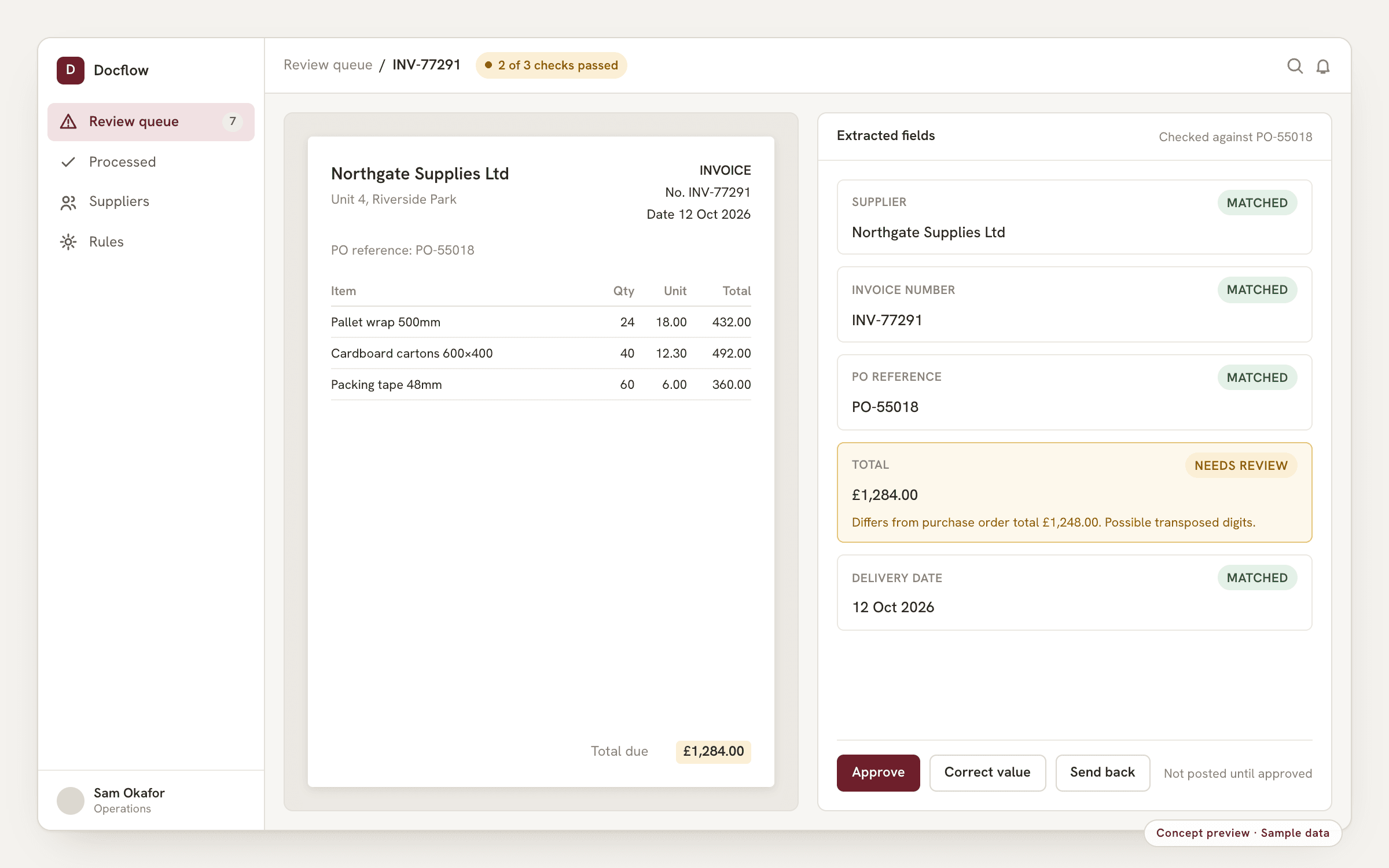 Concept preview, sample data: a document review screen with a supplier invoice beside its extracted fields, one value flagged for review, and approve and correct controls