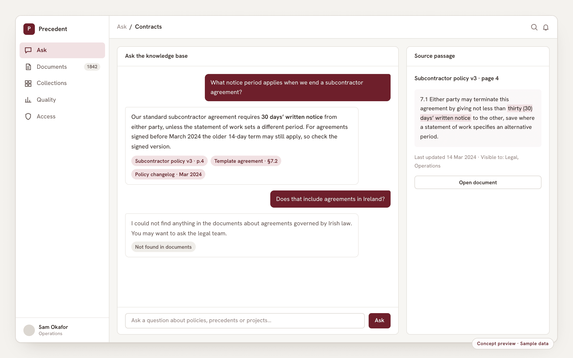 Concept preview, sample data: an assistant answering a question from internal documents with citations to the exact source passages