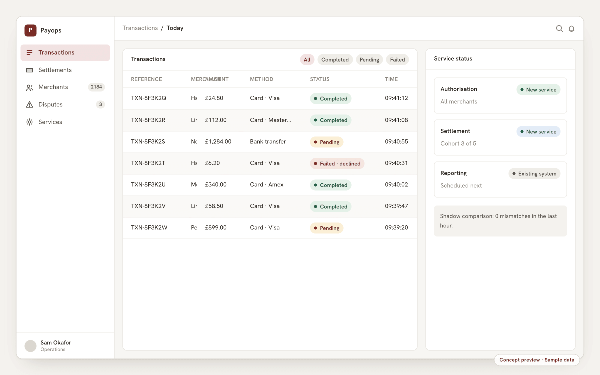 Concept preview, sample data: a payment operations screen listing transactions by status, with each core service marked as migrated, in cohort rollout or still on the existing system