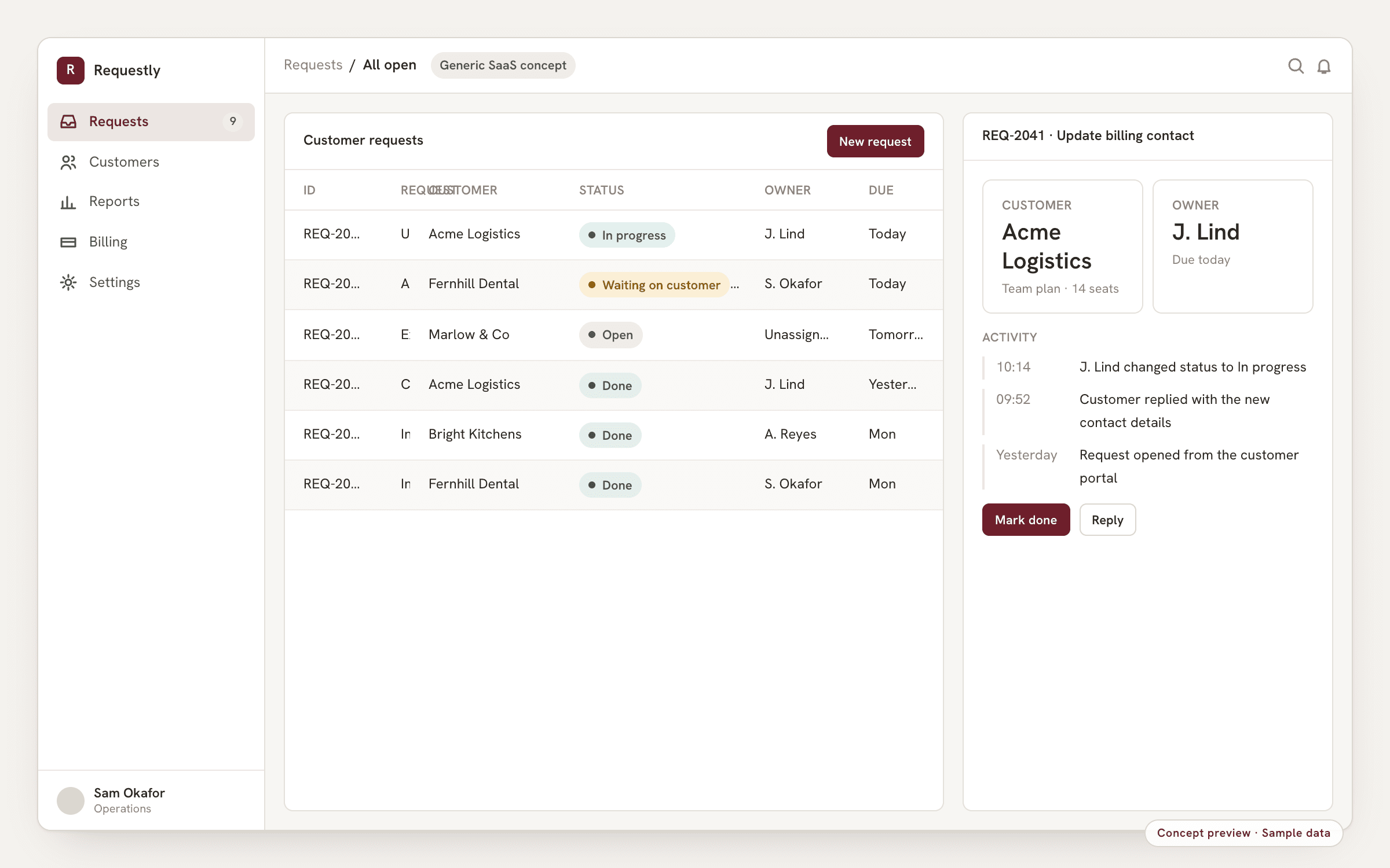 Concept preview, sample data: a generic SaaS workspace for managing customer requests with statuses, owners and an activity log
